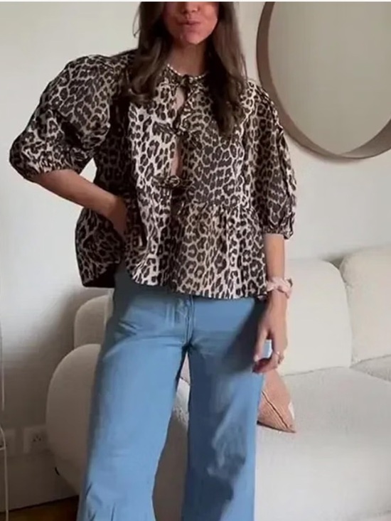 Mangmao Tops - Mangmao Leopard Tie Front Top Blouse Peplum Babydoll Puff Sleeves Y2k Size M